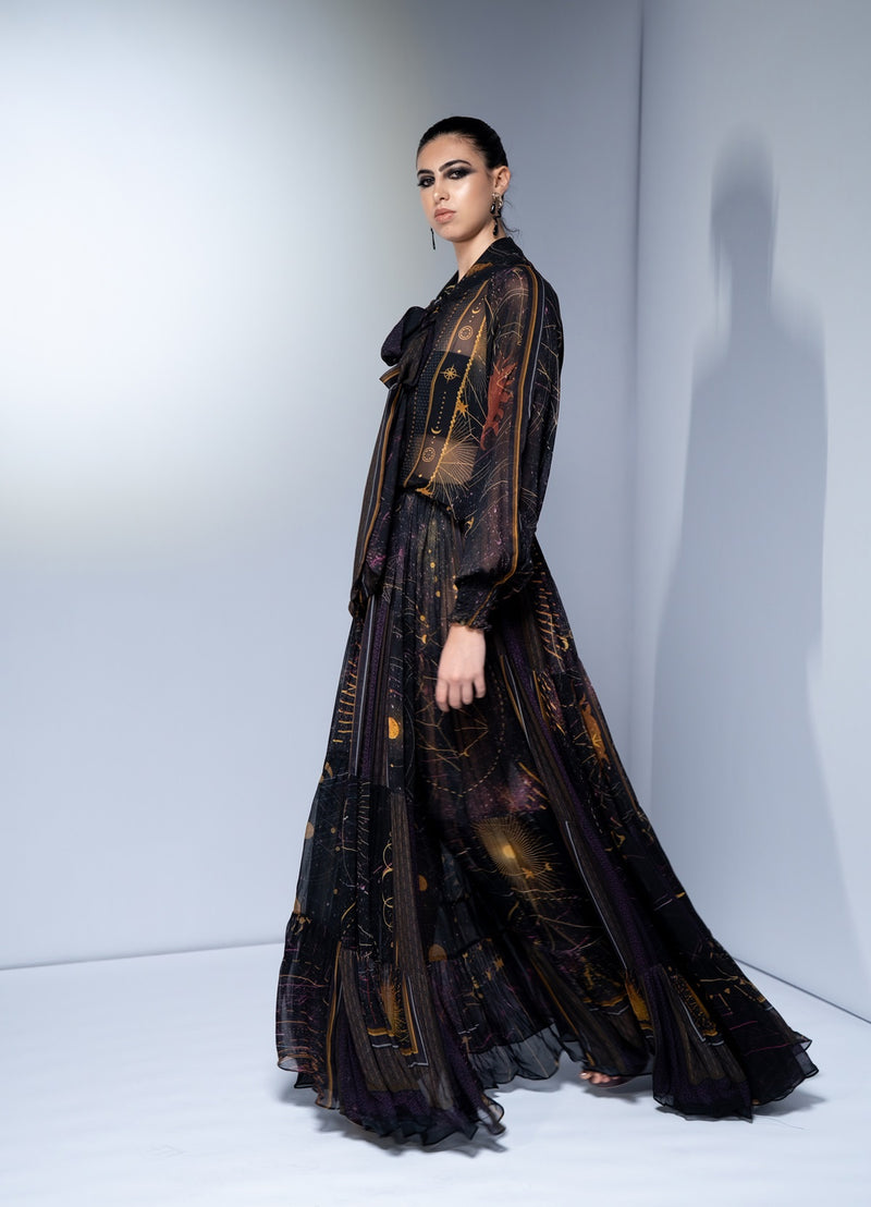 NOIR GALAXY PRINT SLIT DRESS WITH NOIR EMBROIDERY