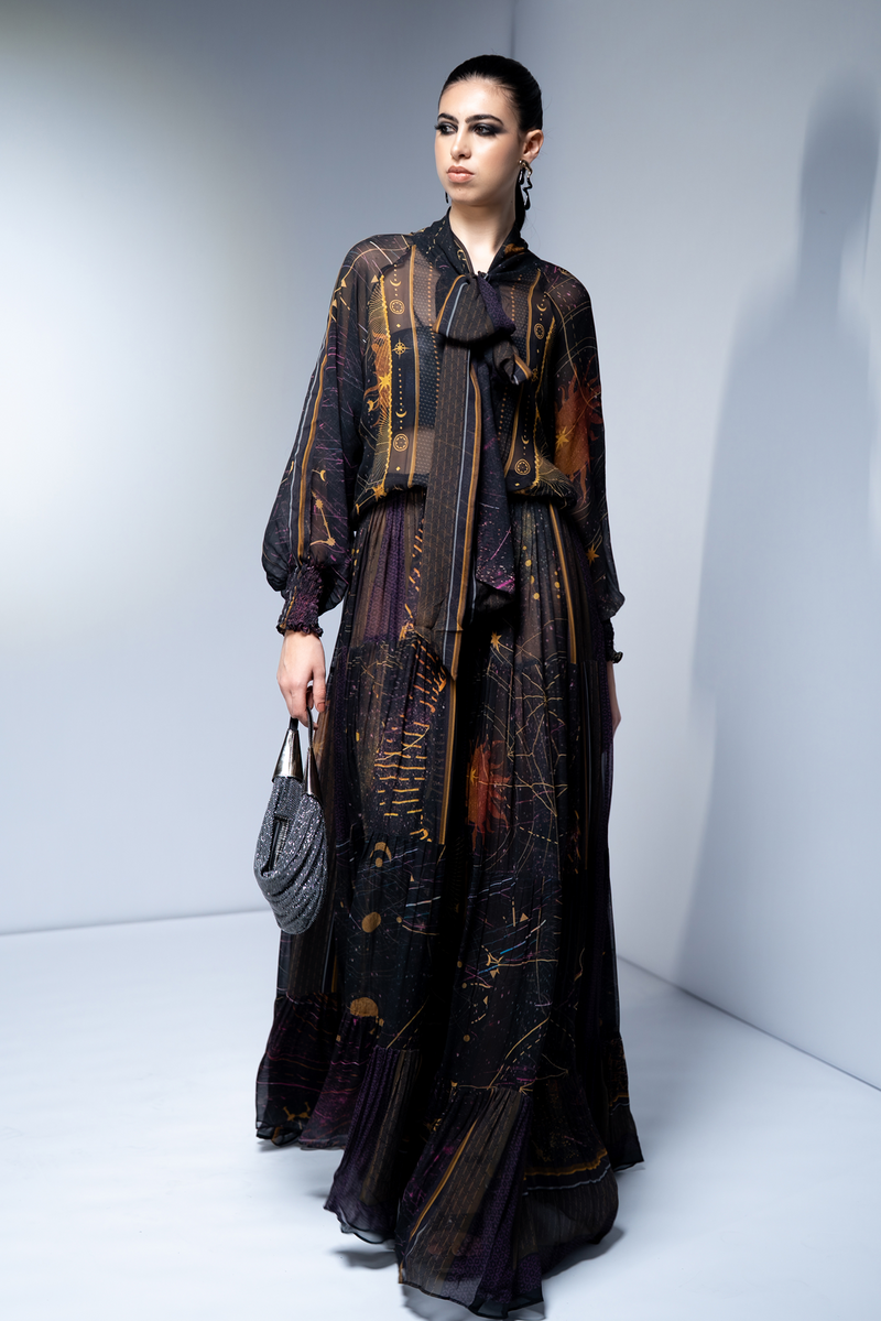 NOIR GALAXY PRINT SLIT DRESS WITH NOIR EMBROIDERY