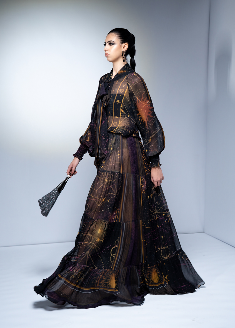 NOIR GALAXY PRINT SLIT DRESS WITH NOIR EMBROIDERY