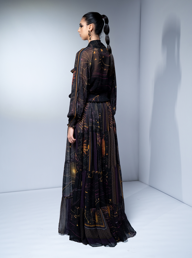 NOIR GALAXY PRINT SLIT DRESS WITH NOIR EMBROIDERY