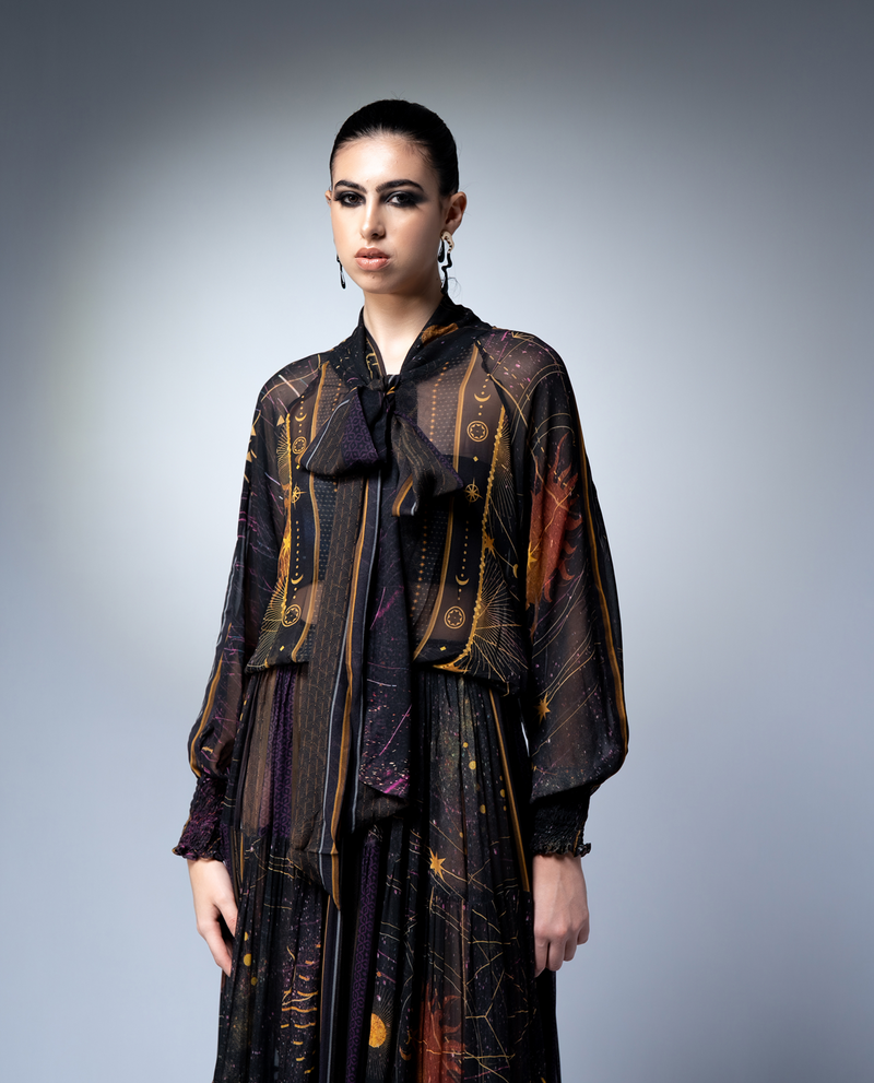 NOIR GALAXY PRINT SLIT DRESS WITH NOIR EMBROIDERY