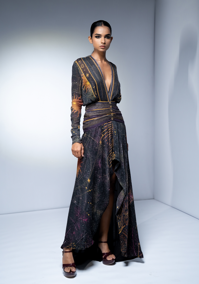 PURPLE PLACEMENT PRINT HIGH LOW DRESS