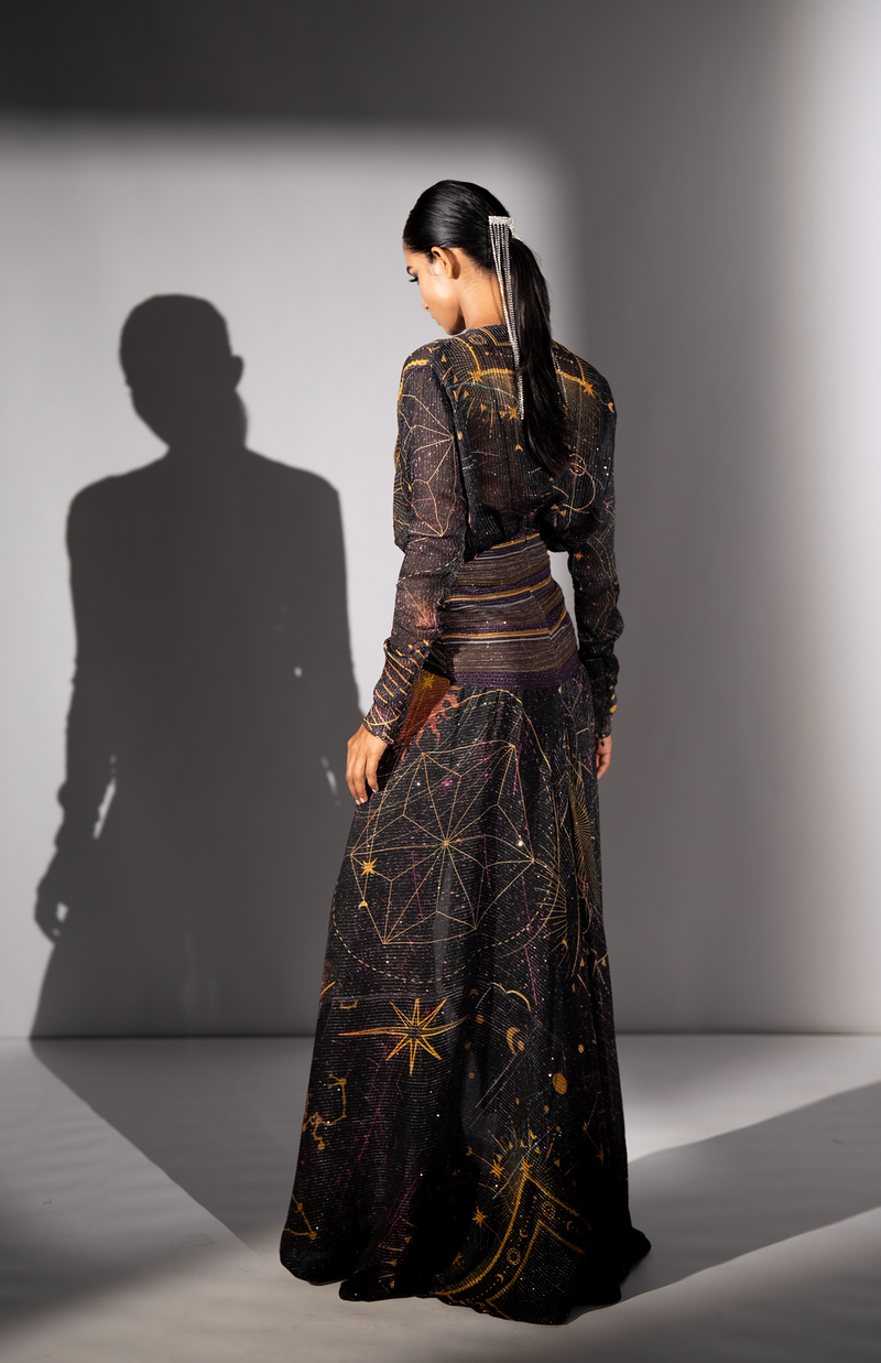 PURPLE PLACEMENT PRINT HIGH LOW DRESS