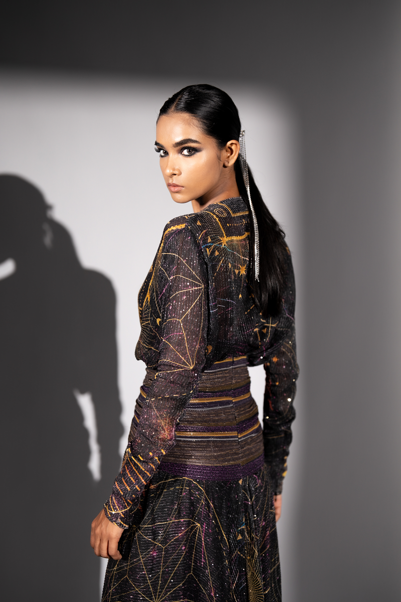 PURPLE PLACEMENT PRINT HIGH LOW DRESS