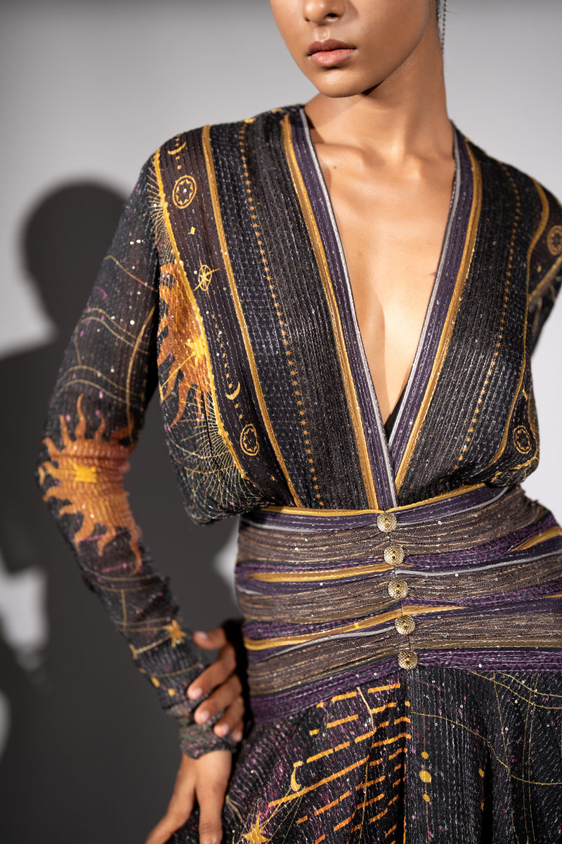 PURPLE PLACEMENT PRINT HIGH LOW DRESS