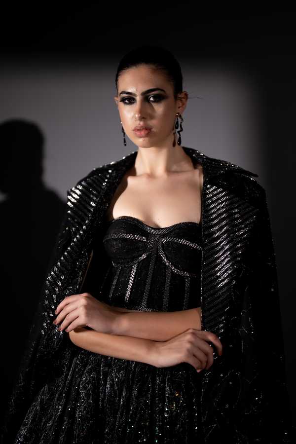 STAR FABRIC SKIRT, TRENCH & CORSET WITH SILVER BAROQUE EMBROIDERY