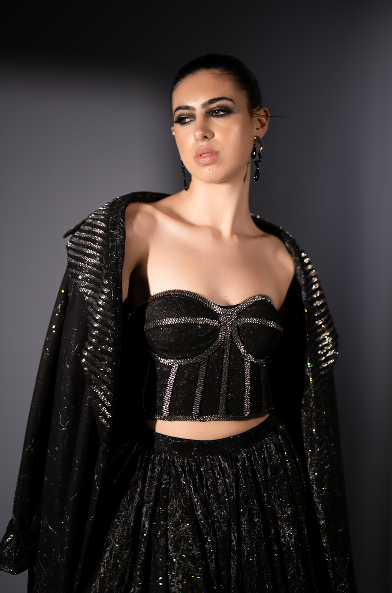 STAR FABRIC SKIRT, TRENCH & CORSET WITH SILVER BAROQUE EMBROIDERY