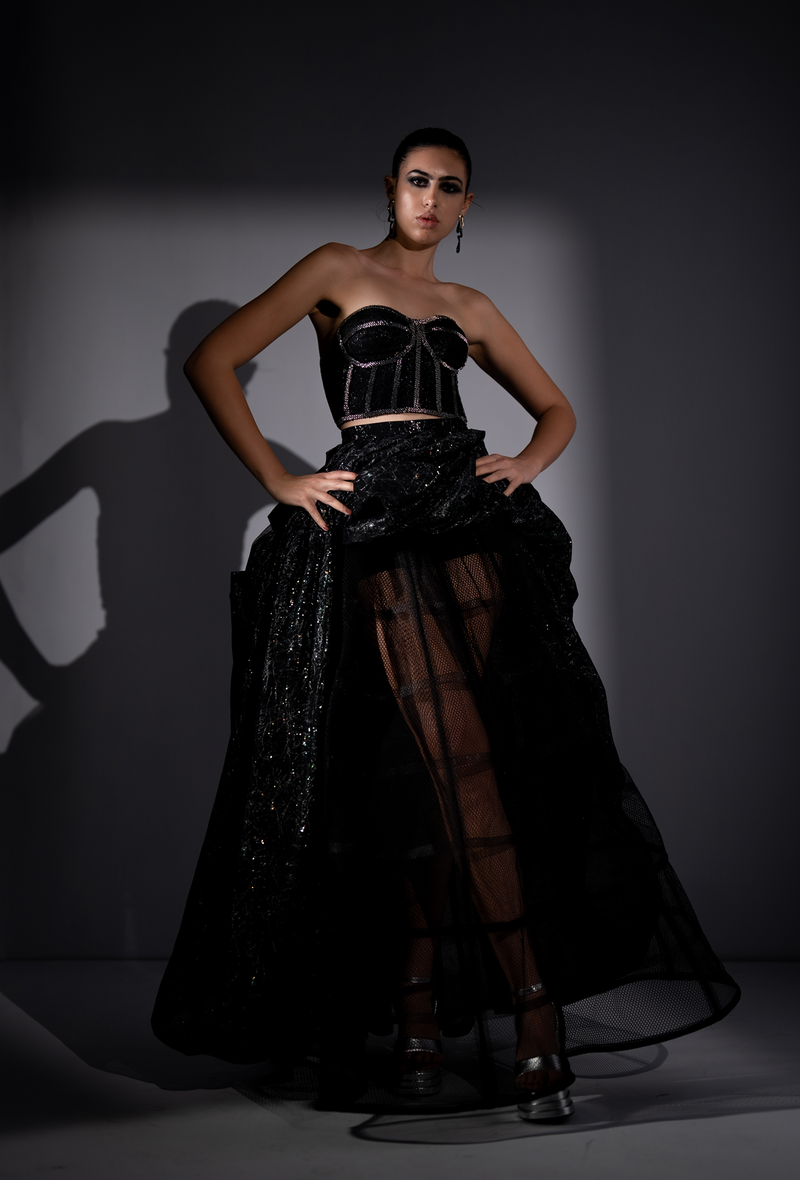 STAR FABRIC SKIRT, TRENCH & CORSET WITH SILVER BAROQUE EMBROIDERY