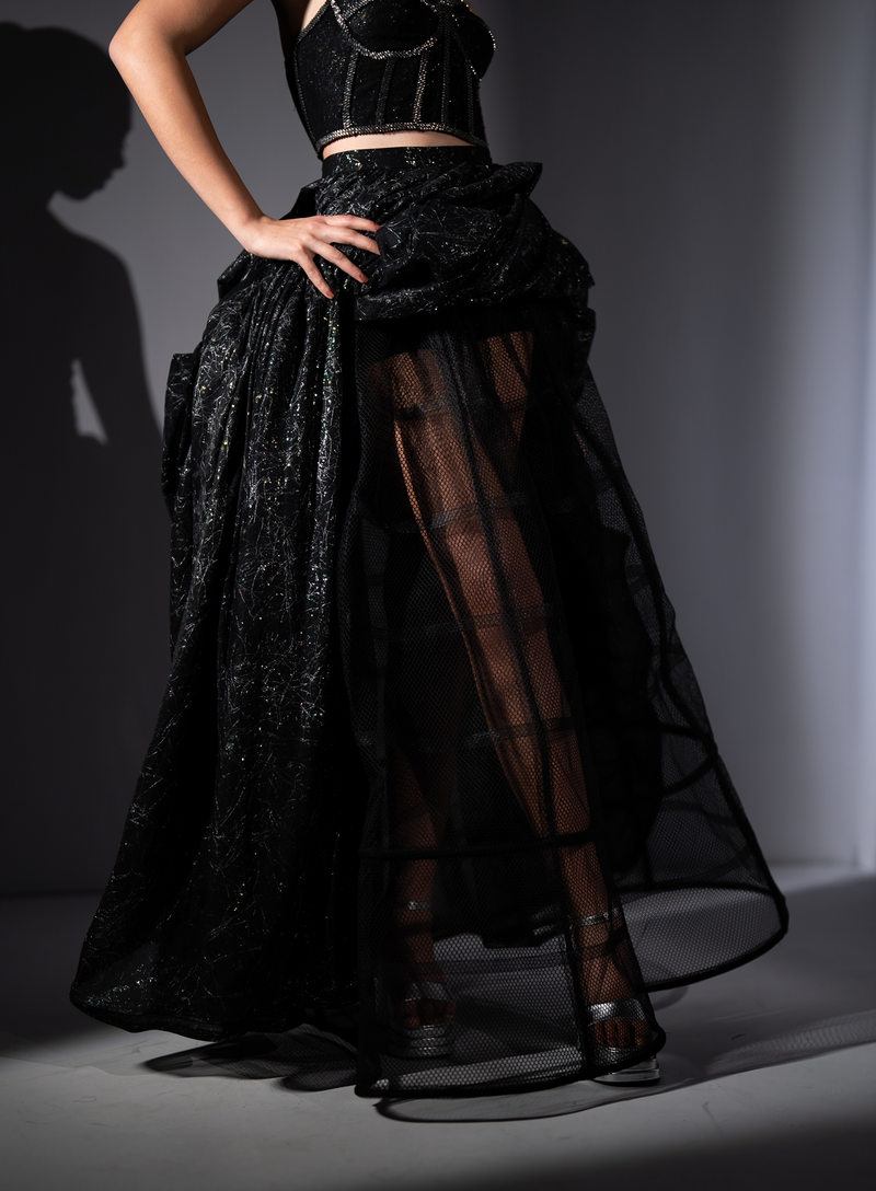 STAR FABRIC SKIRT, TRENCH & CORSET WITH SILVER BAROQUE EMBROIDERY