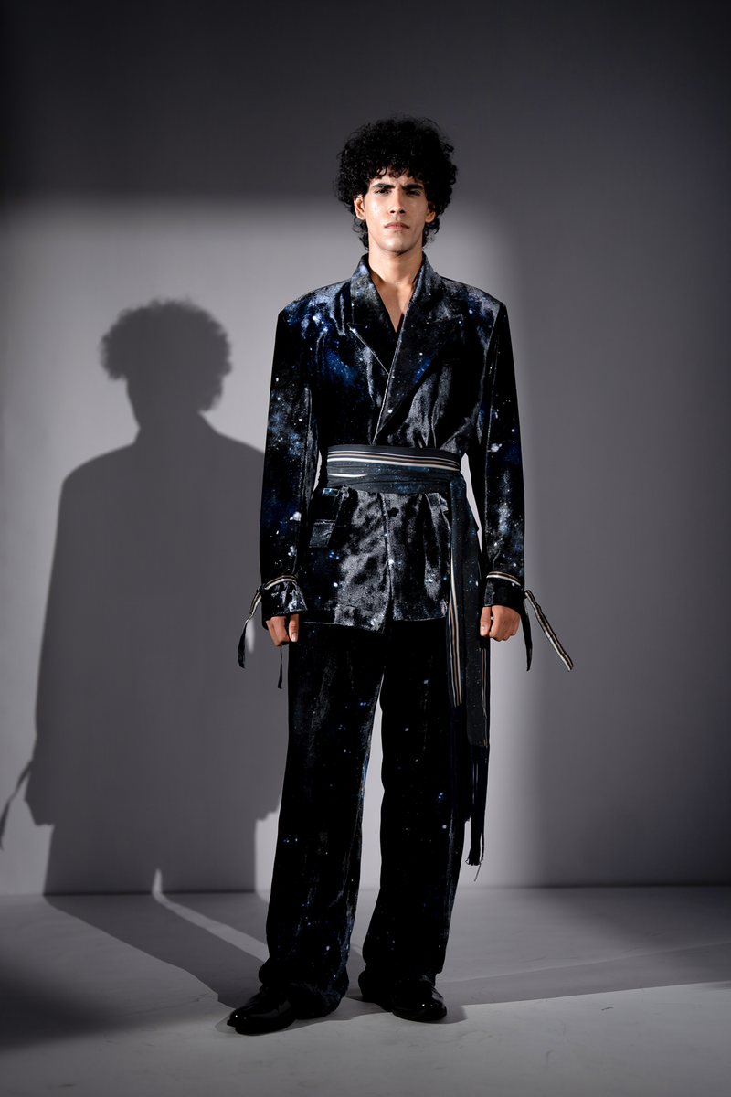 BLUE GALAXY PRINT SILK VELVET PANTSUIT