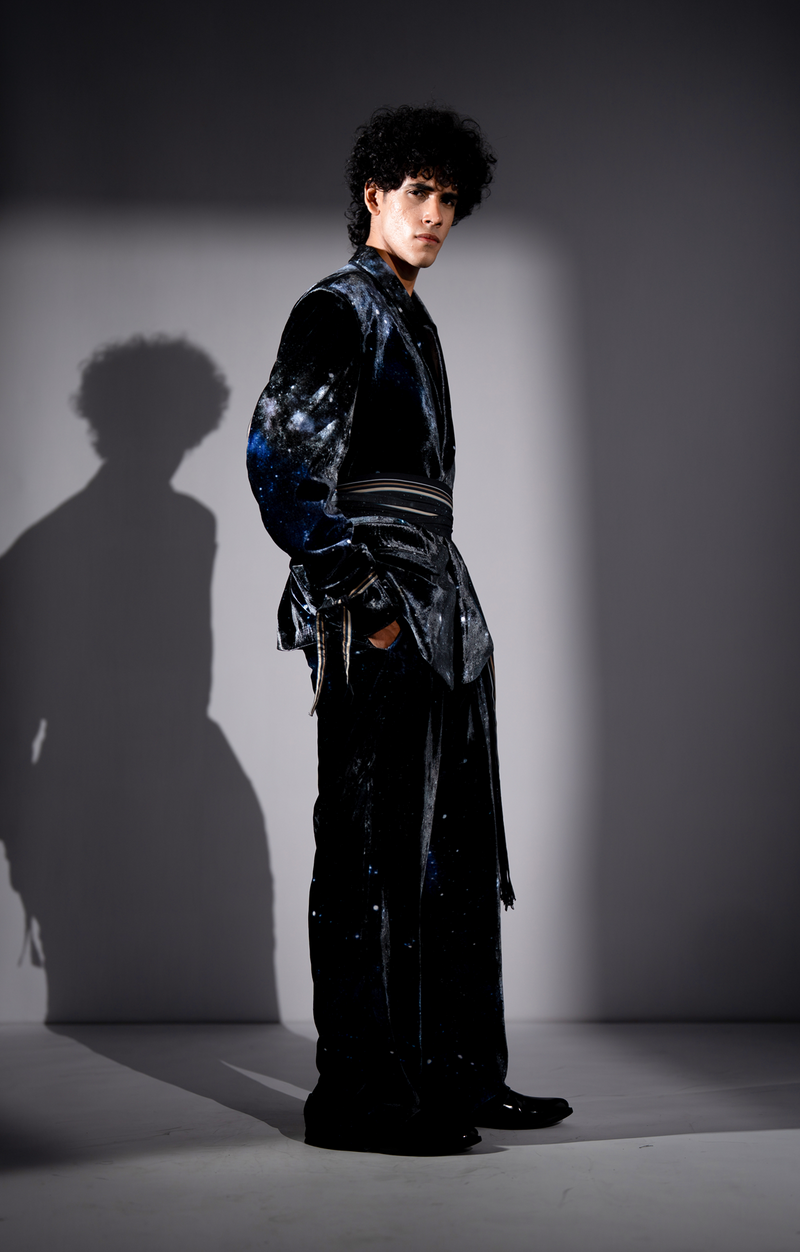 BLUE GALAXY PRINT SILK VELVET PANTSUIT