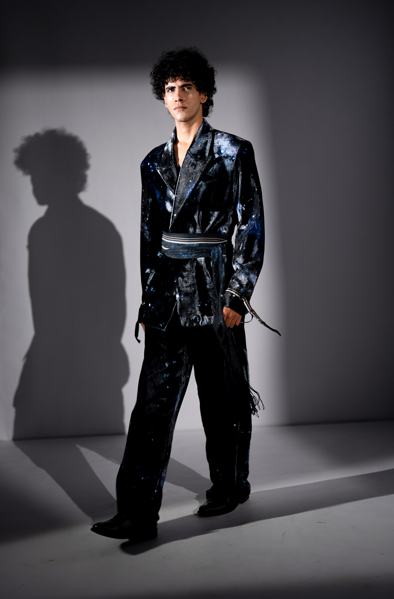 BLUE GALAXY PRINT SILK VELVET PANTSUIT