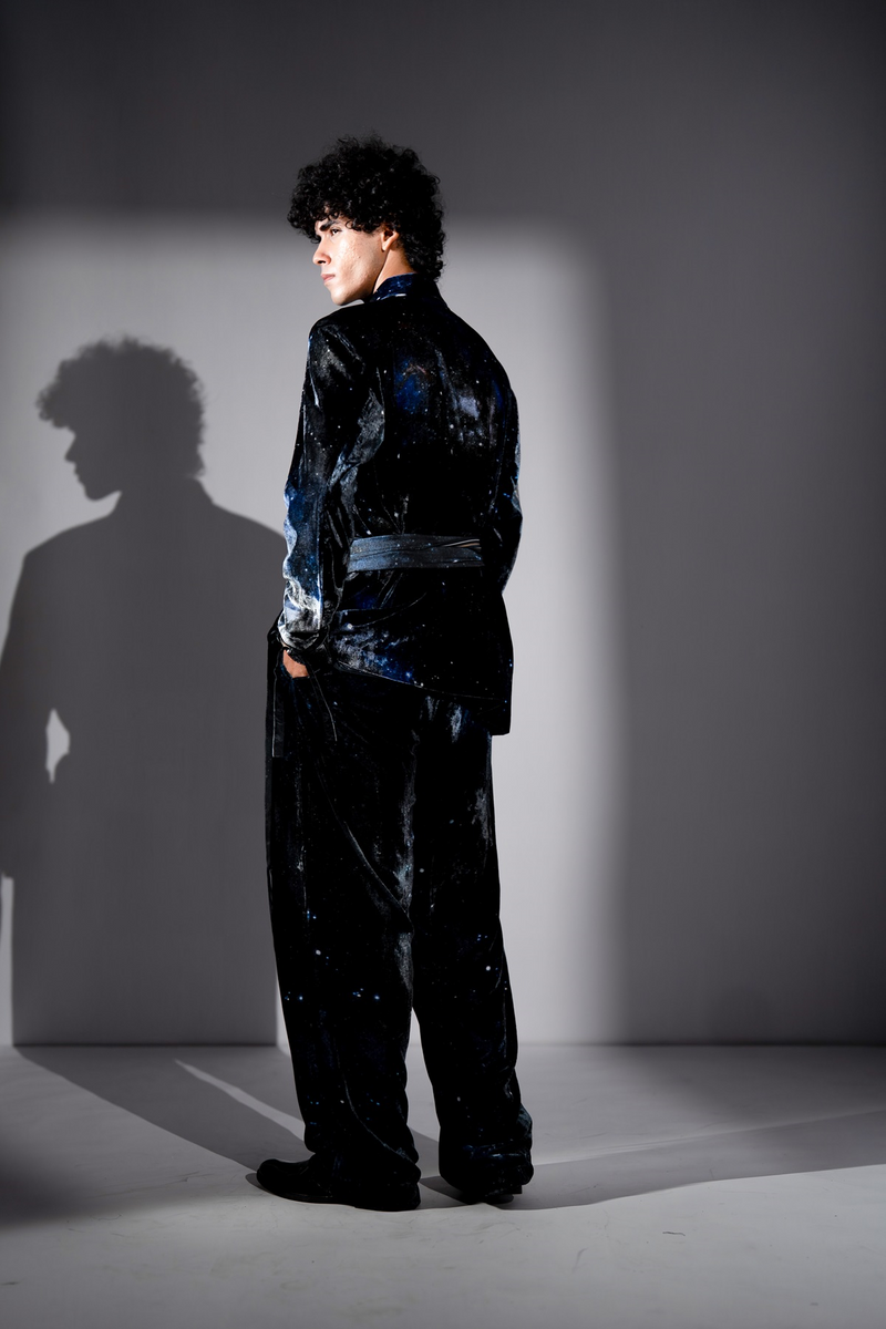 BLUE GALAXY PRINT SILK VELVET PANTSUIT