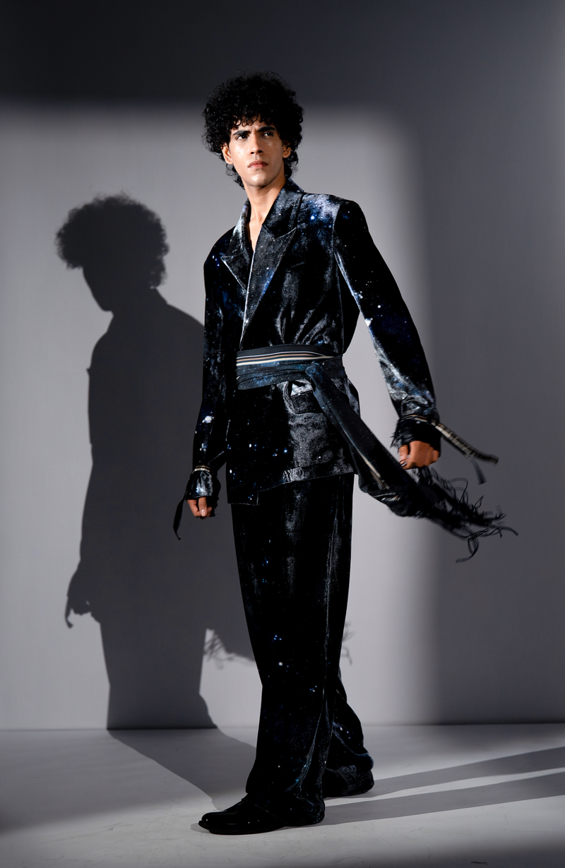 BLUE GALAXY PRINT SILK VELVET PANTSUIT