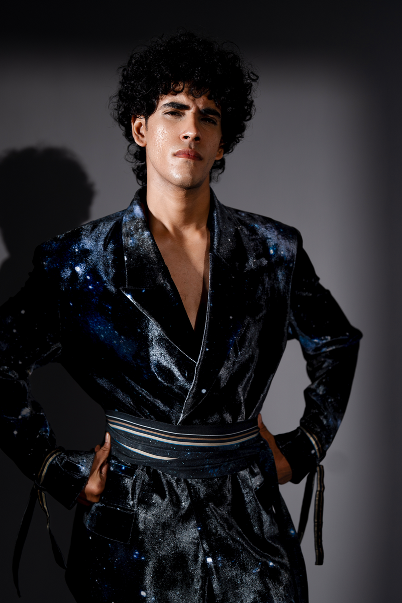 BLUE GALAXY PRINT SILK VELVET PANTSUIT