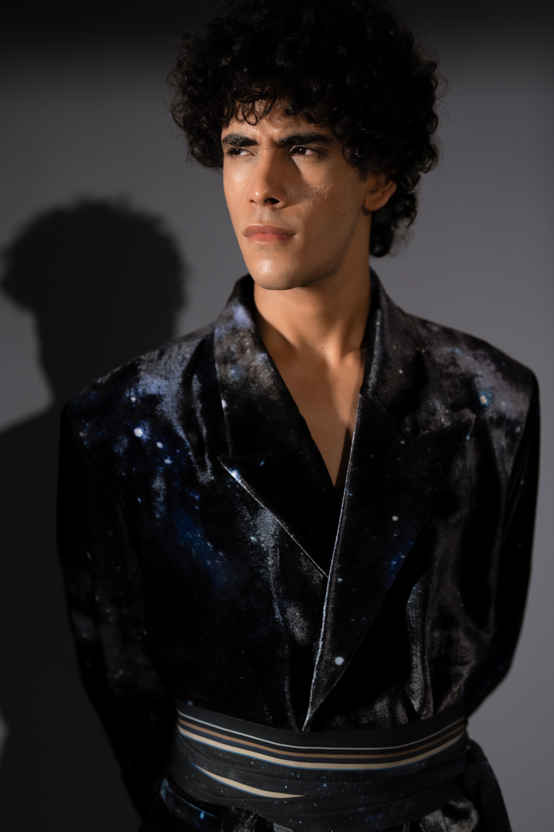 BLUE GALAXY PRINT SILK VELVET PANTSUIT