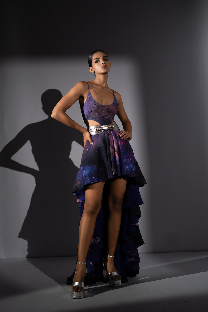 PURPLE GALAXY HIGH LOW SKIRT