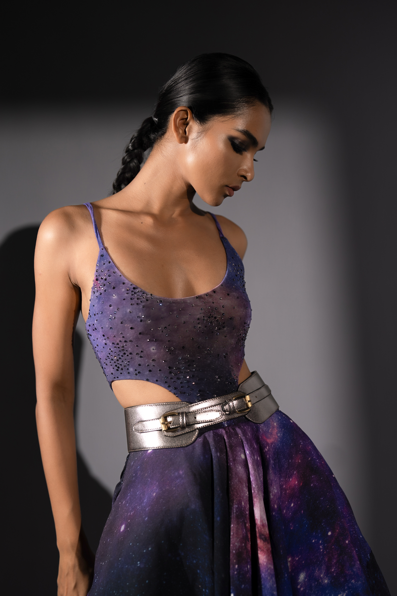 PURPLE GALAXY CUT-OUT SWAROSI EMBELLISHED BODYSUIT