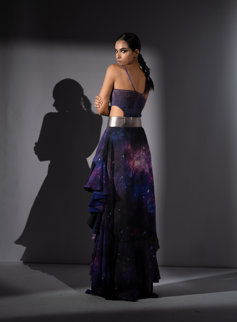 PURPLE GALAXY CUT-OUT SWAROSI EMBELLISHED BODYSUIT