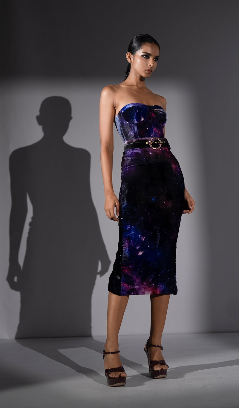 PURPLE GALAXY SILK VELVET TUBE DRESS WITH BELT