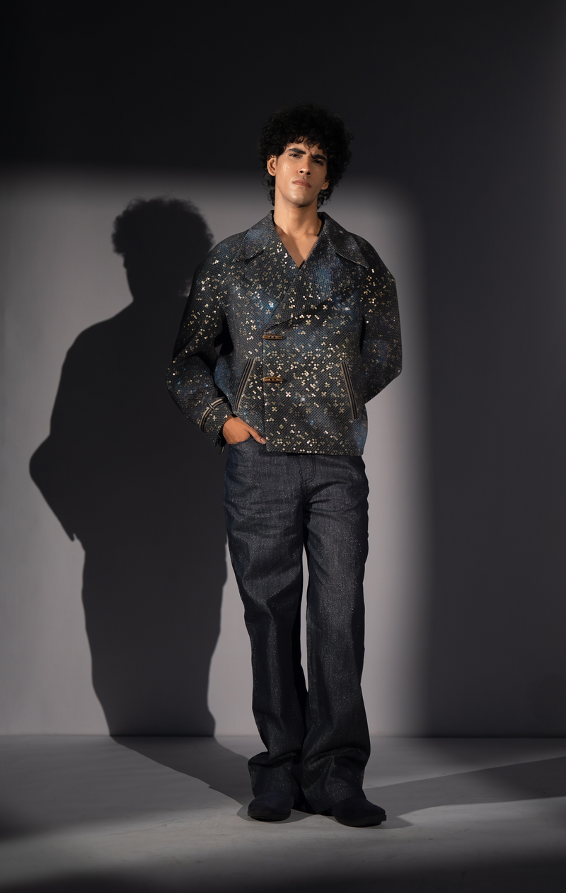 BLUE GALAXY PRINT BOMBER JACKET