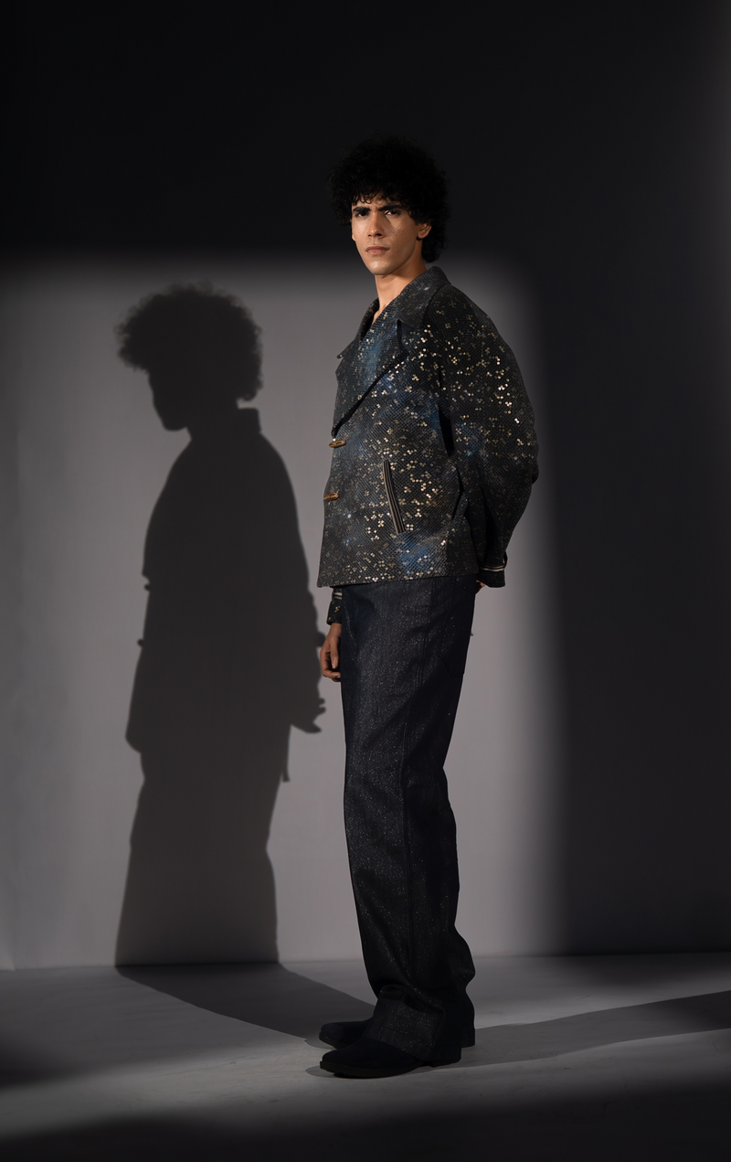 BLUE GALAXY PRINT BOMBER JACKET