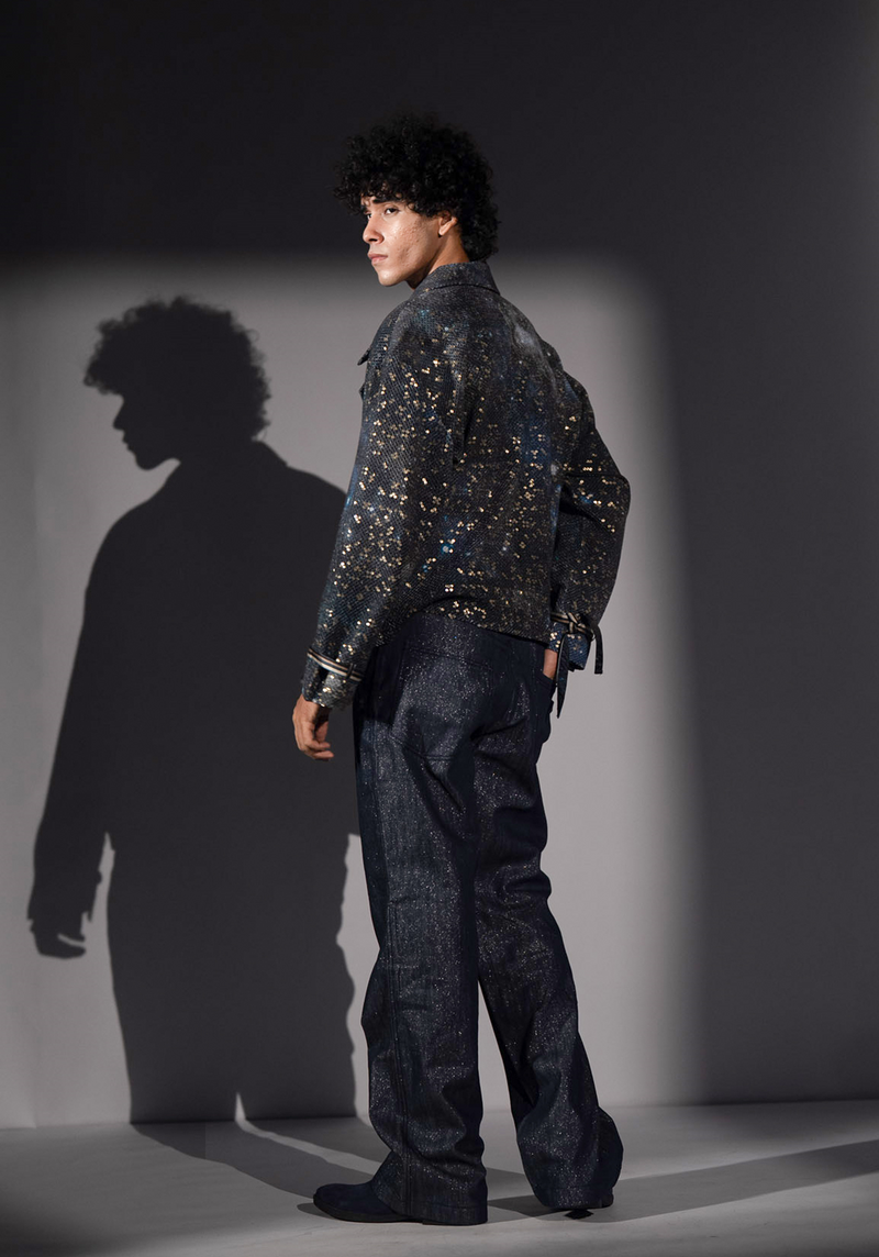 BLUE GALAXY PRINT BOMBER JACKET