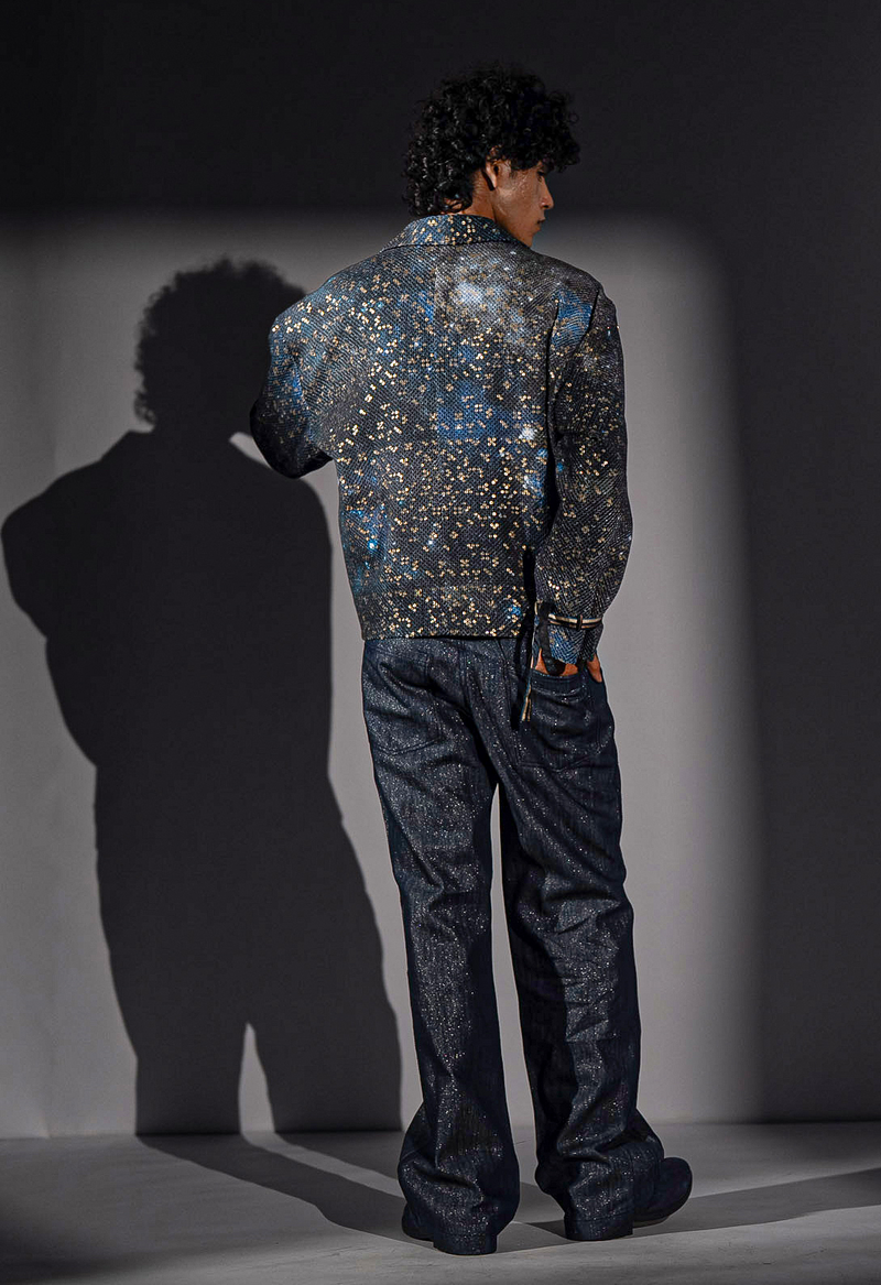 BLUE GALAXY PRINT BOMBER JACKET