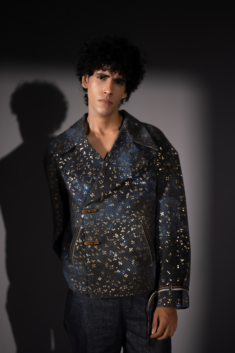 BLUE GALAXY PRINT BOMBER JACKET