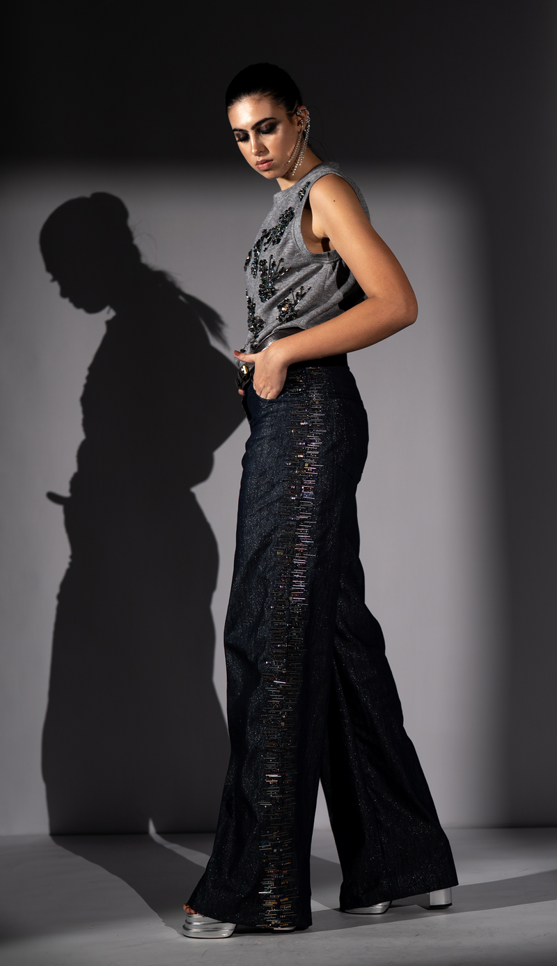 SHIMMER HEMP DENIM PANTS WITH HOLOGRAPHIC  EMBROIDERY