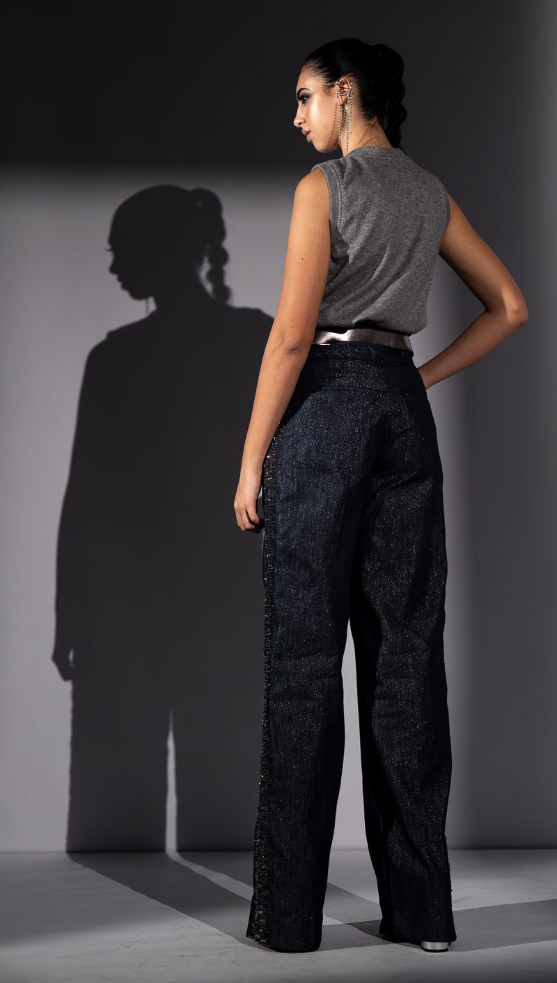 SHIMMER HEMP DENIM PANTS WITH HOLOGRAPHIC  EMBROIDERY