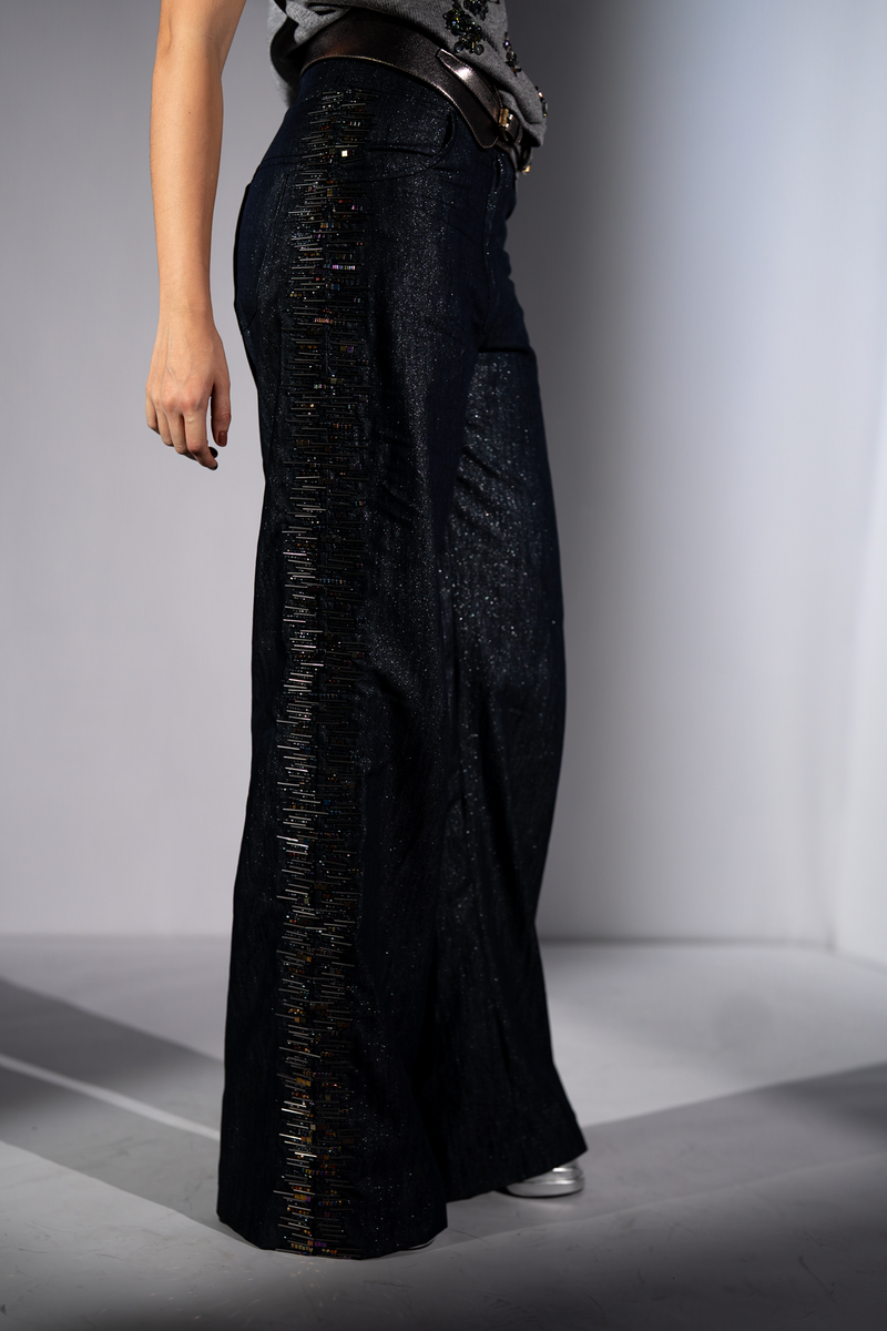 SHIMMER HEMP DENIM PANTS WITH HOLOGRAPHIC  EMBROIDERY