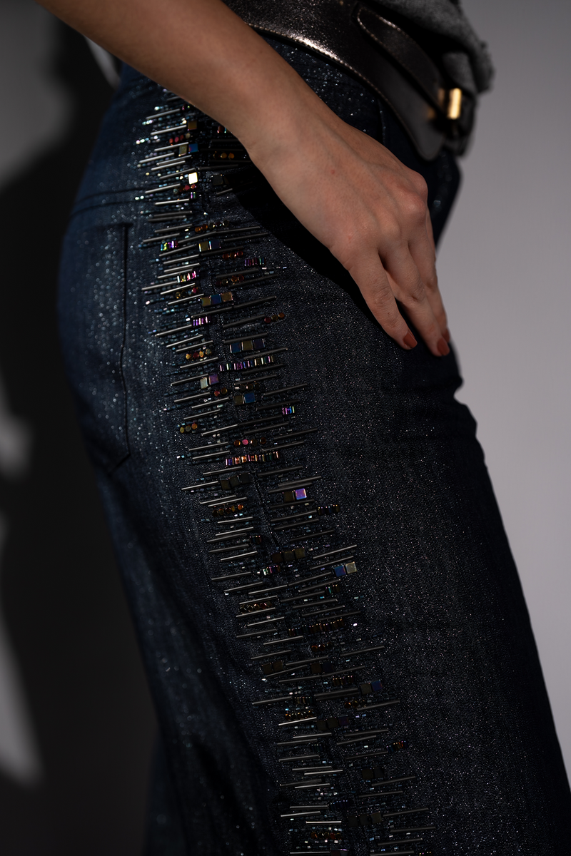 SHIMMER HEMP DENIM PANTS WITH HOLOGRAPHIC  EMBROIDERY