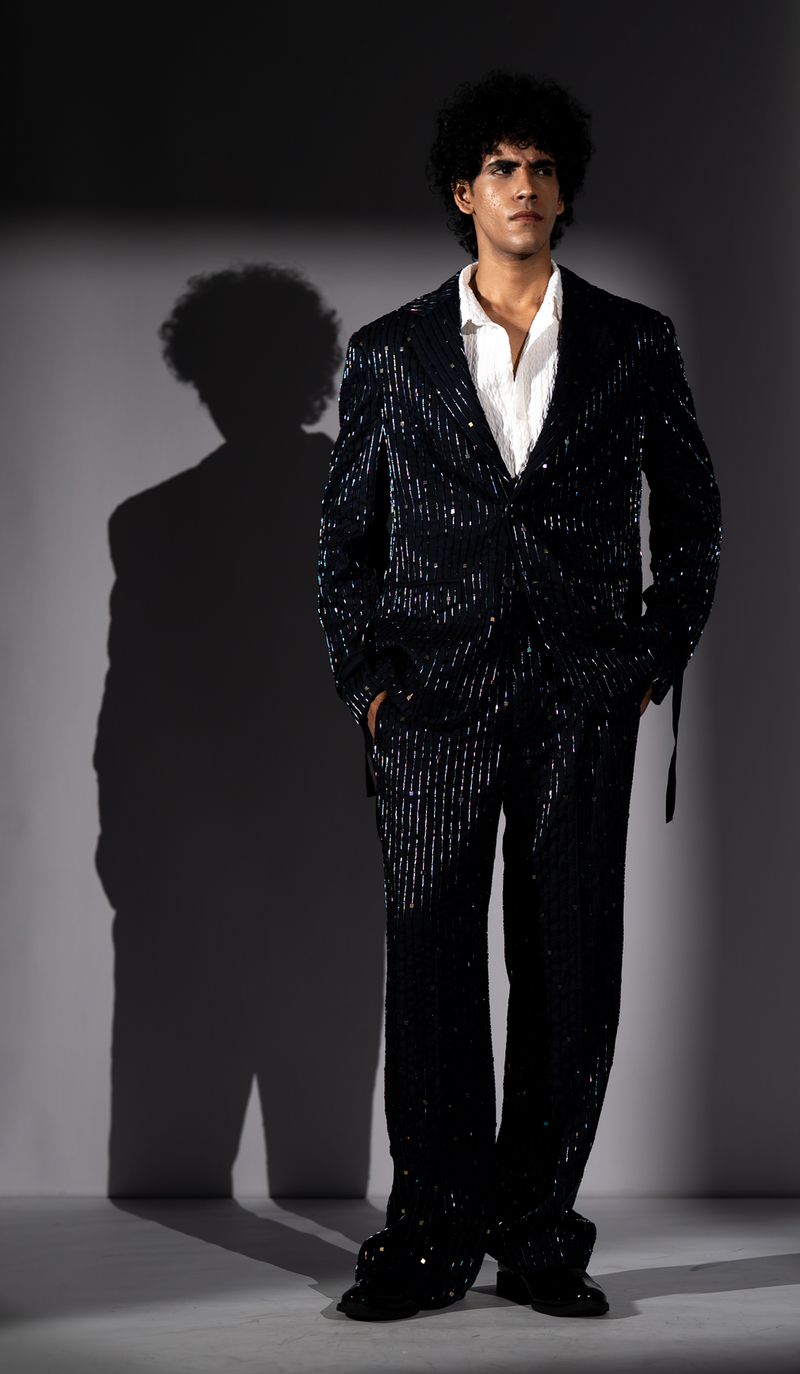 HOLOGRAPHIC STRIPE EMBROIDERED PANTSUIT