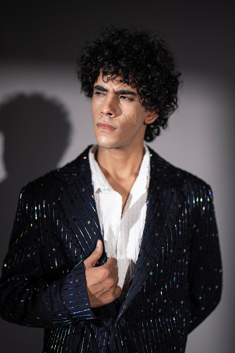 HOLOGRAPHIC STRIPE EMBROIDERED PANTSUIT