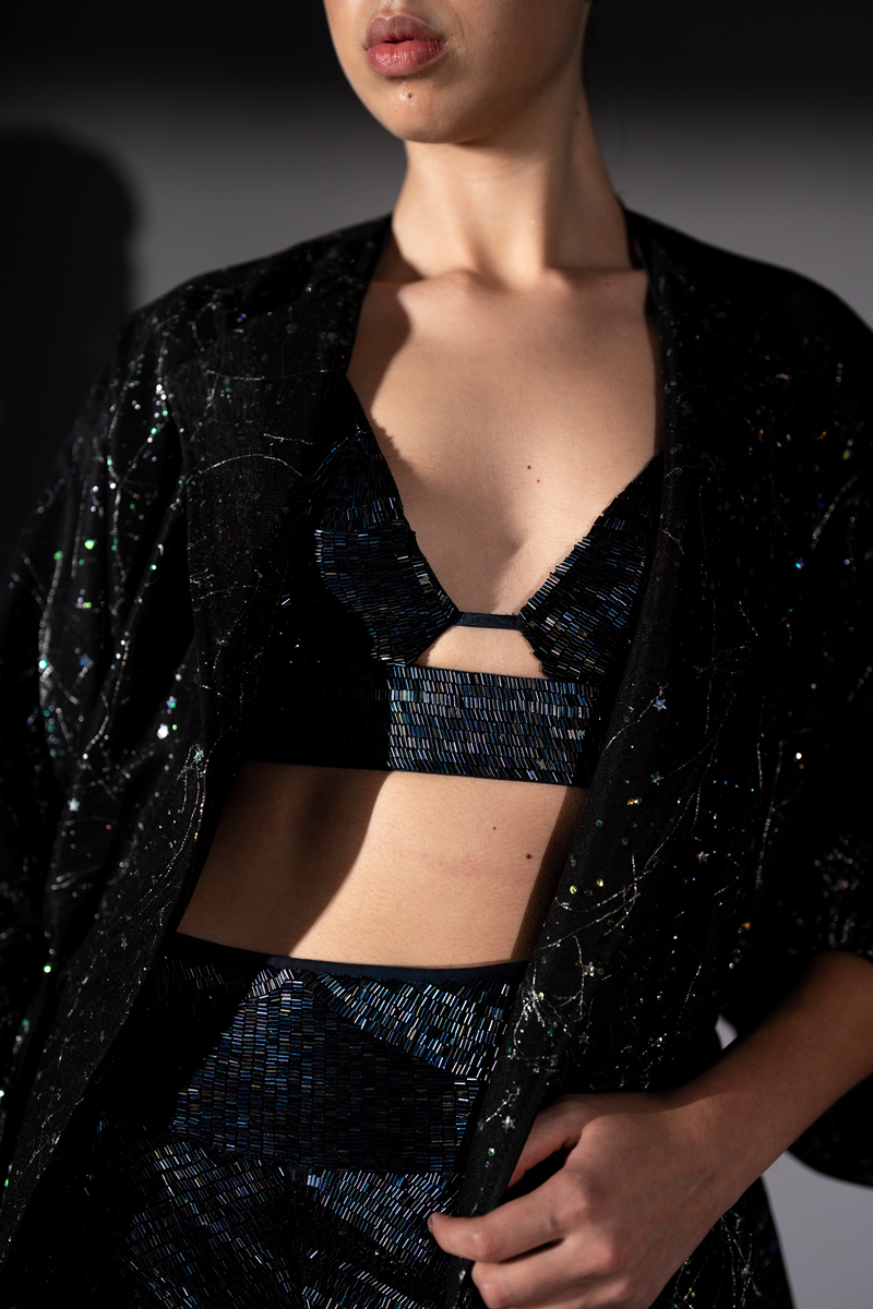 HOLOGRAPHIC SPACE EMBROIDERED BRALETTE AND SHORTS