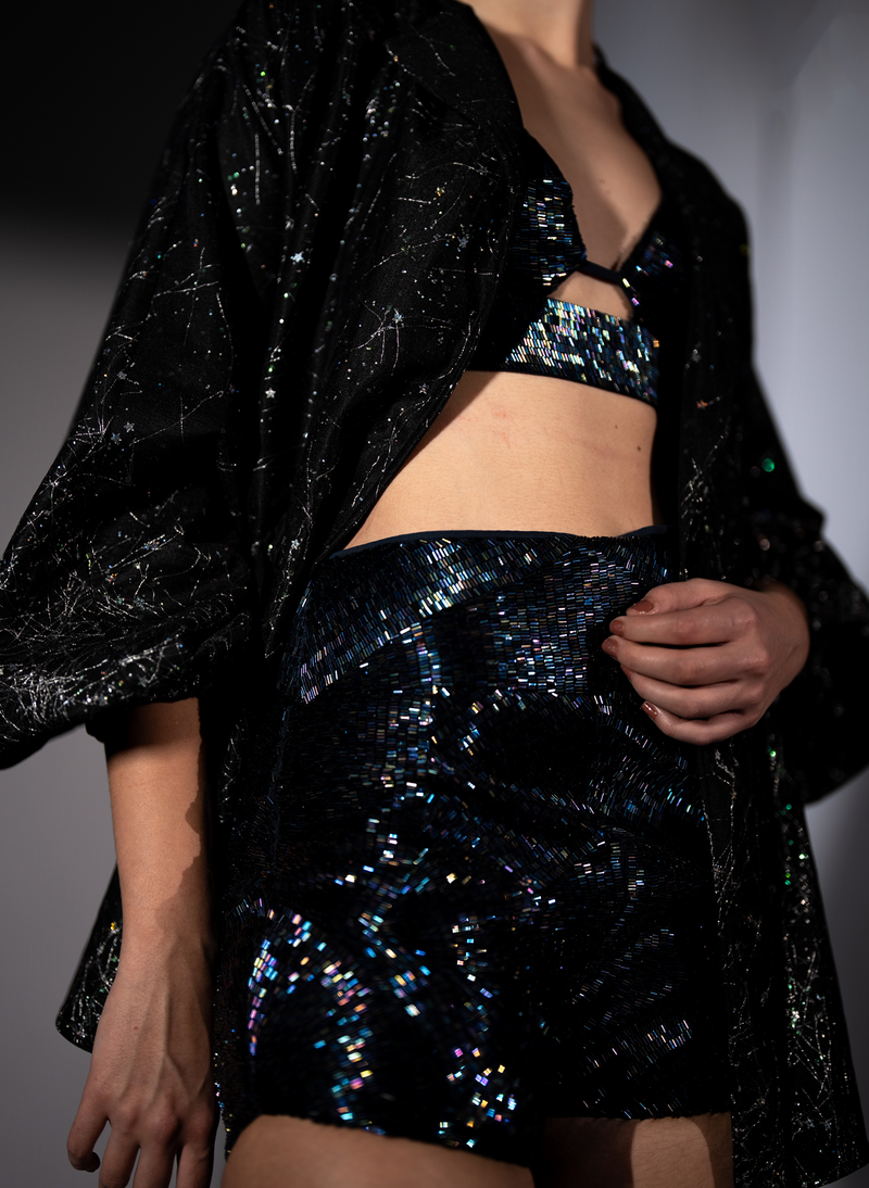 HOLOGRAPHIC SPACE EMBROIDERED BRALETTE AND SHORTS