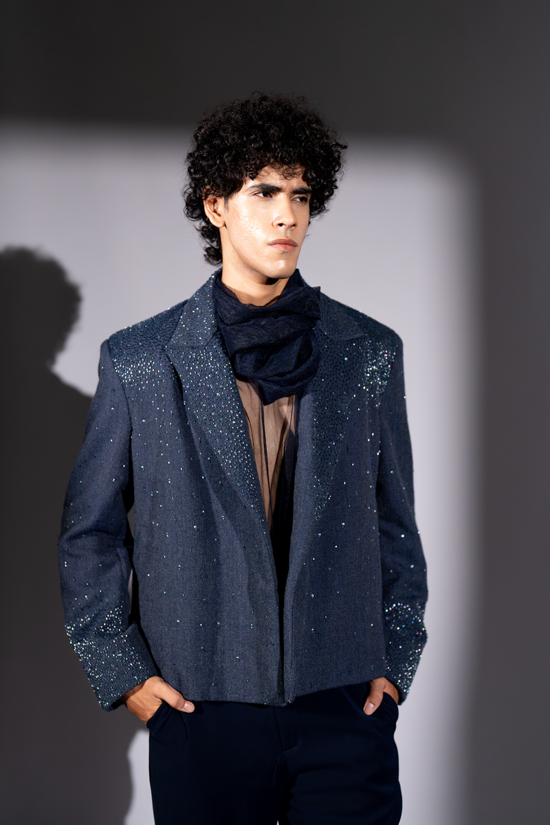 ASH BLUE SUEDE STAR BURST EMBROIDERED BOMBER