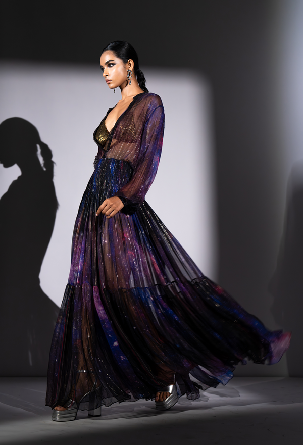 PURPLE GALAXY PRINT LUREX CHIFFON DRESS