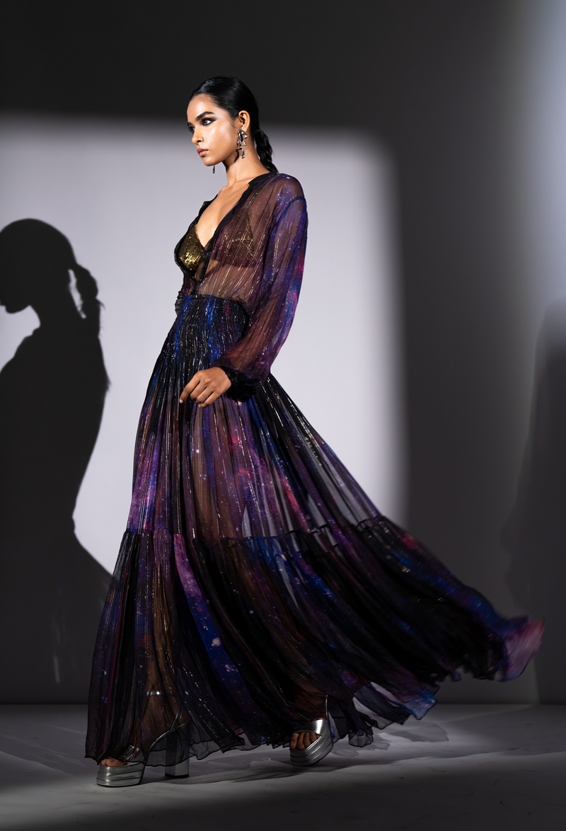 PURPLE GALAXY PRINT LUREX CHIFFON DRESS