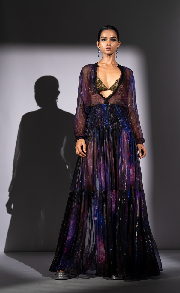 PURPLE GALAXY PRINT LUREX CHIFFON DRESS
