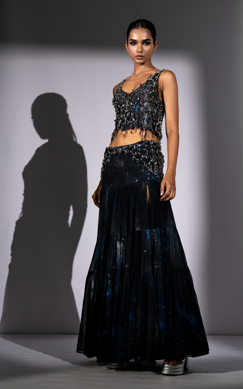 BLUE GALAXY PRINTED TOP & SKIRT WITH ROCKSTAR EMBROIDERY