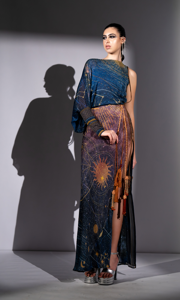 BLUE GALAXY PLACEMENT PRINT ONE SHOULDER DRESS