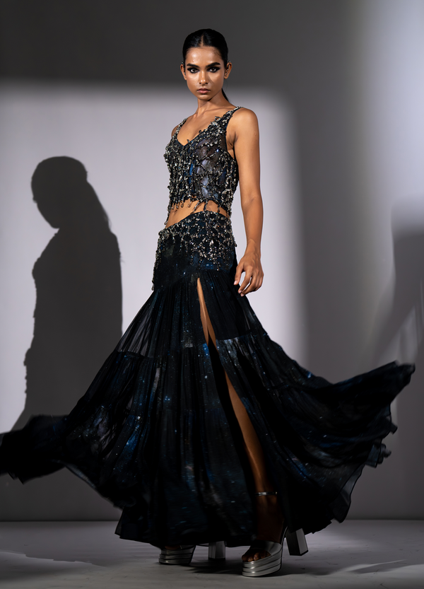 BLUE GALAXY PRINTED TOP & SKIRT WITH ROCKSTAR EMBROIDERY