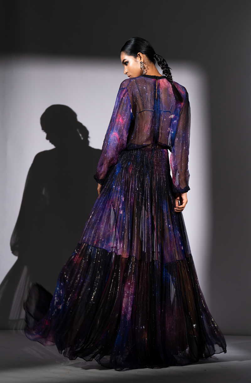 PURPLE GALAXY PRINT LUREX CHIFFON DRESS