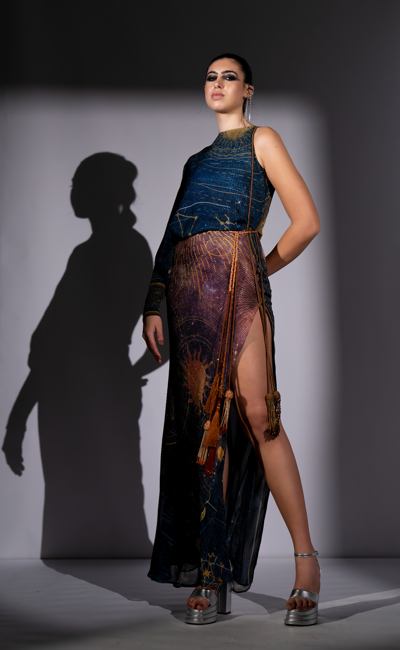 BLUE GALAXY PLACEMENT PRINT ONE SHOULDER DRESS