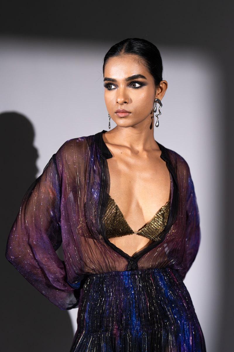 PURPLE GALAXY PRINT LUREX CHIFFON DRESS