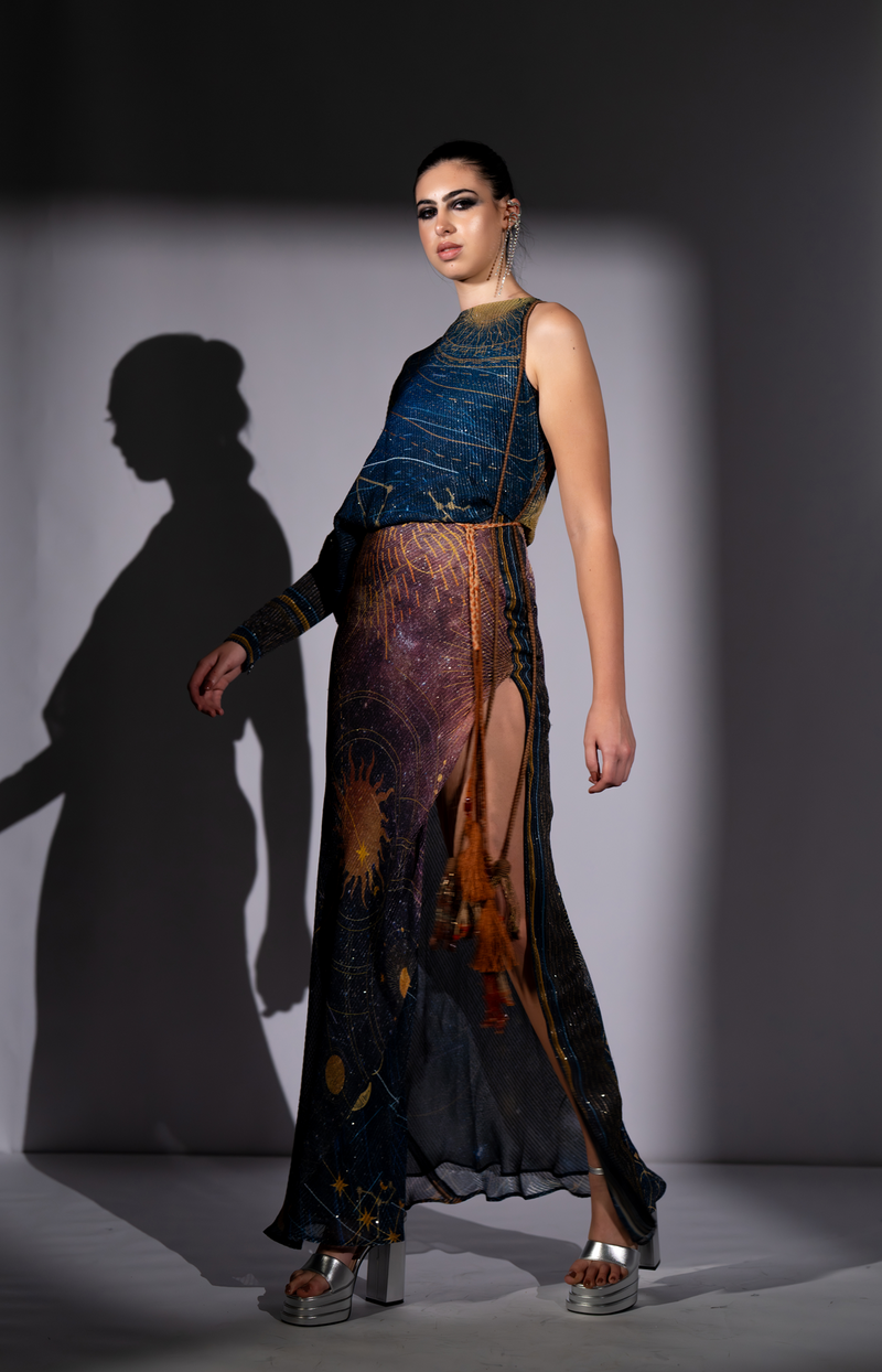 BLUE GALAXY PLACEMENT PRINT ONE SHOULDER DRESS