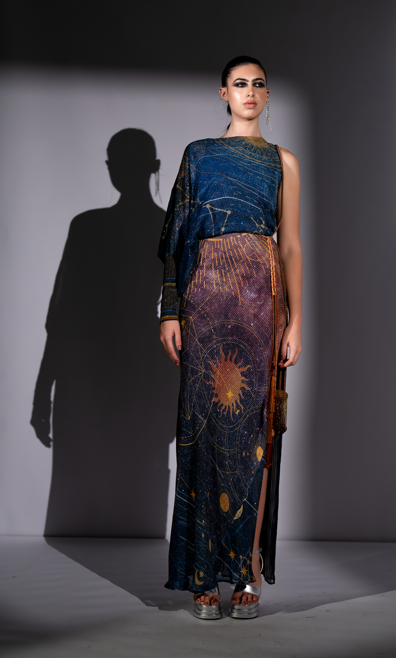 BLUE GALAXY PLACEMENT PRINT ONE SHOULDER DRESS