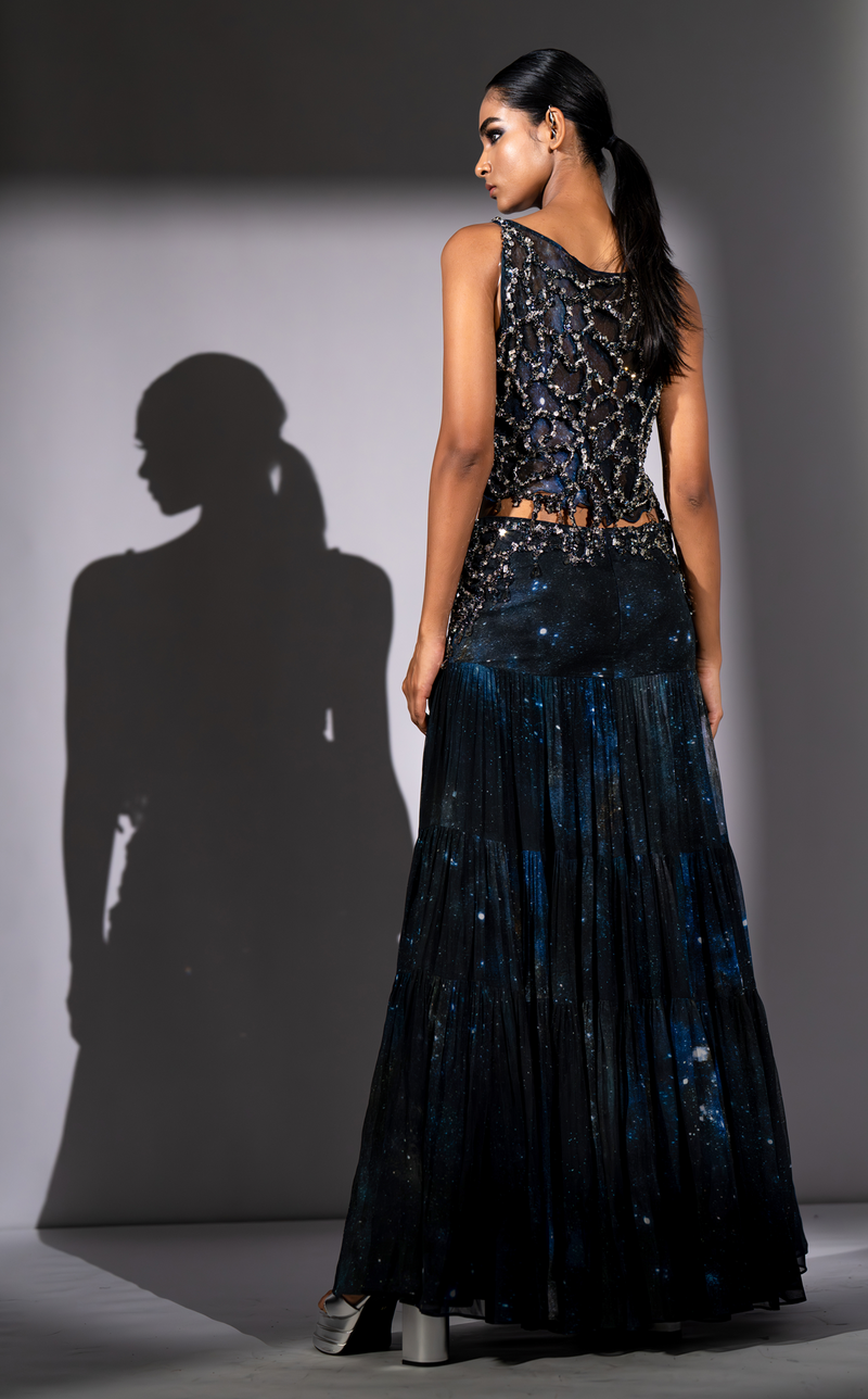 BLUE GALAXY PRINTED TOP & SKIRT WITH ROCKSTAR EMBROIDERY